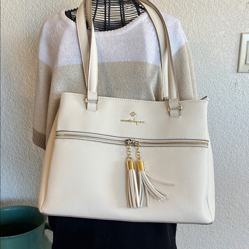 Nanette Lepore Cream Tassel Faux Pebbled Leather Shoulder Bag